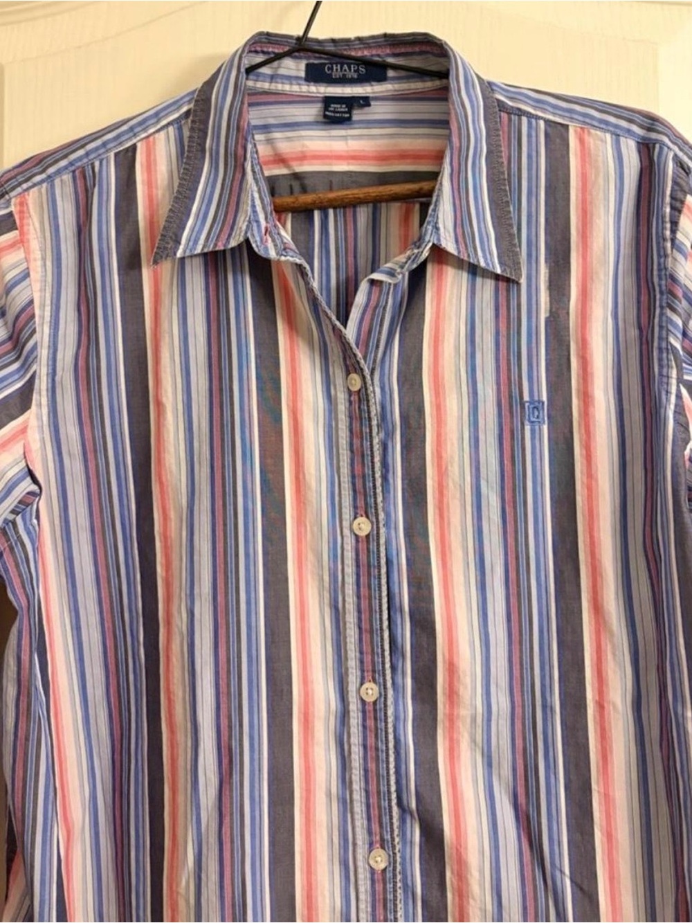 Chaps Vintage Multi-Color Striped Button Down Shirt L w/ stitching flaw SEE PICS